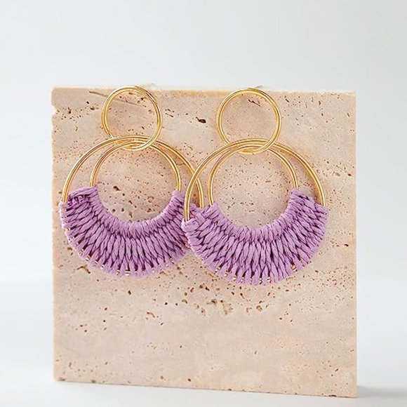 Lavender Woven Raffia Gold Hoop Earrings Wicker Hoops Links Post Vacay Style New - Picture 3 of 5